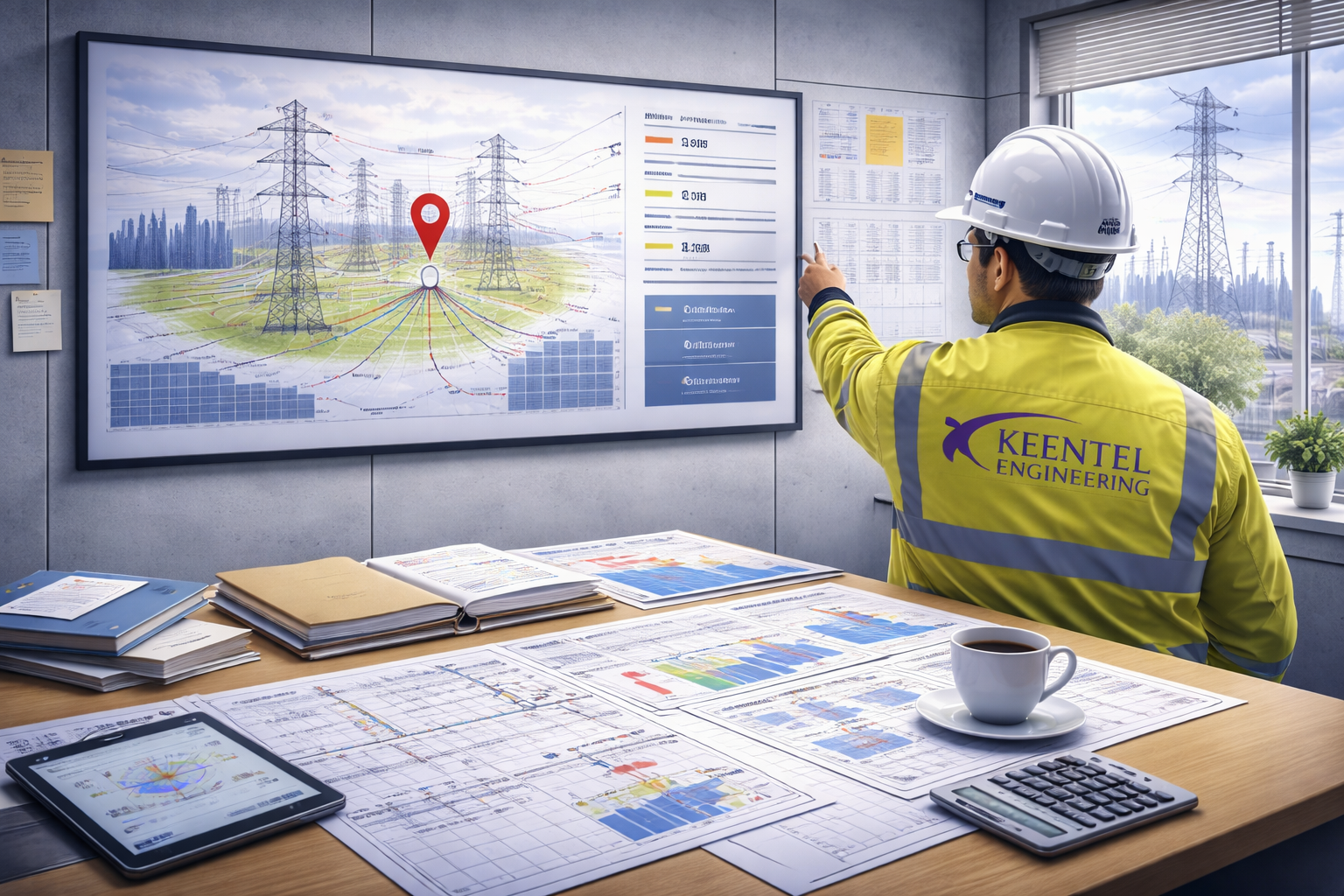 Two technicians in hard hats inspect electrical panel, one using a laptop in a control room.