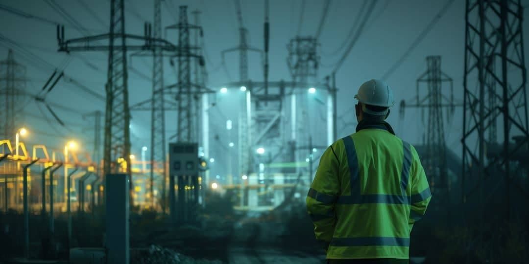 Engineer inspecting high-voltage substation equipment for FAC-008-5 facility ratings and NERC compli
