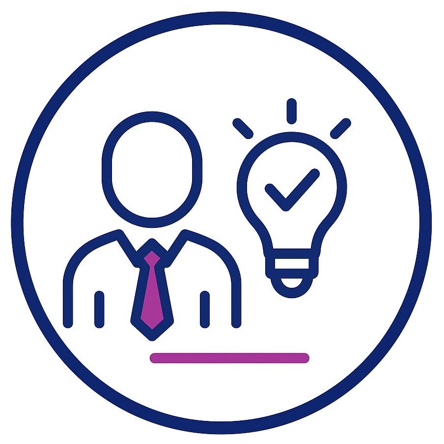 Person with a tie and lightbulb with checkmark inside, inside a blue circle.