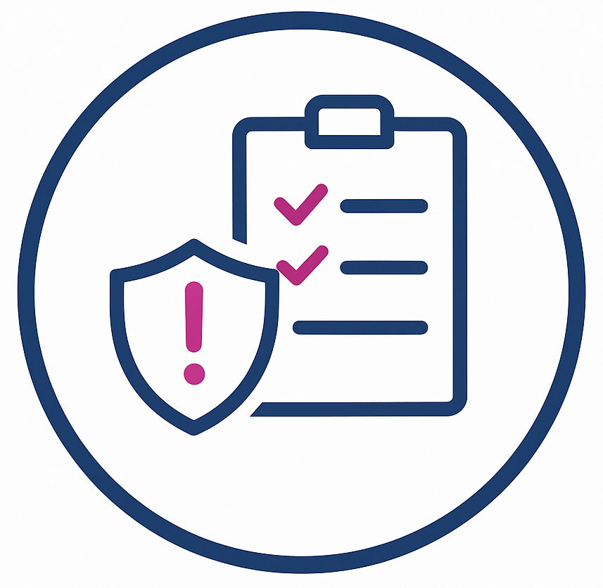 Shield with exclamation point next to a checklist with check marks, inside a blue circle.
