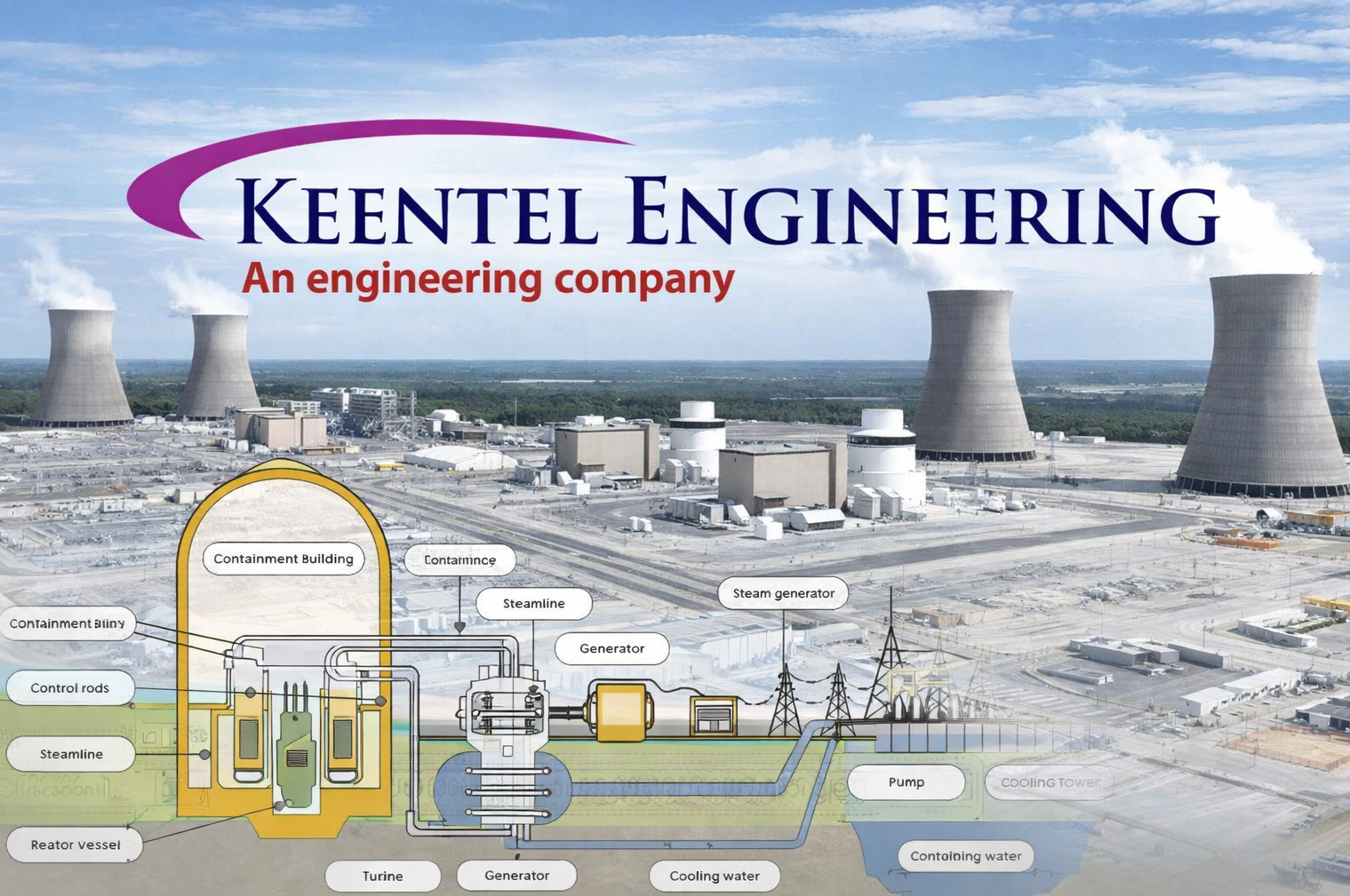 Keentel Engineering banner featuring a panoramic view of a nuclear power plant overlaid with a detai