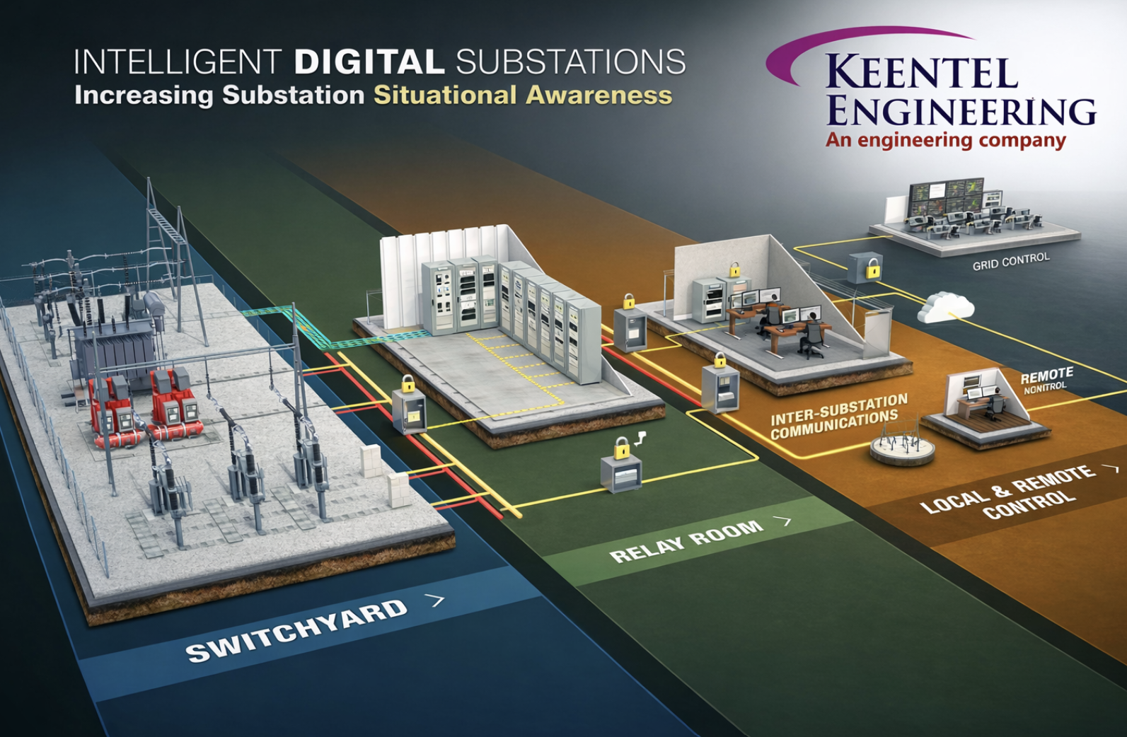 Digital substation with switchyard, relay room, and grid control for smart grid infrastructure.