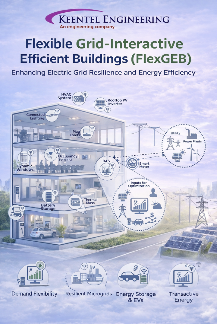 FlexGEB smart building with solar, HVAC, battery storage, and grid-connected energy systems.