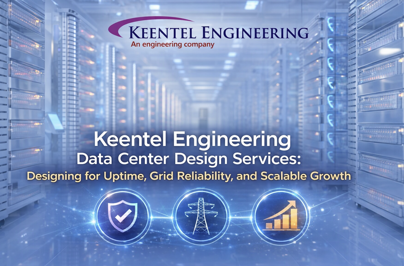 Keentel Engineering data center design services banner highlighting uptime, grid reliability
