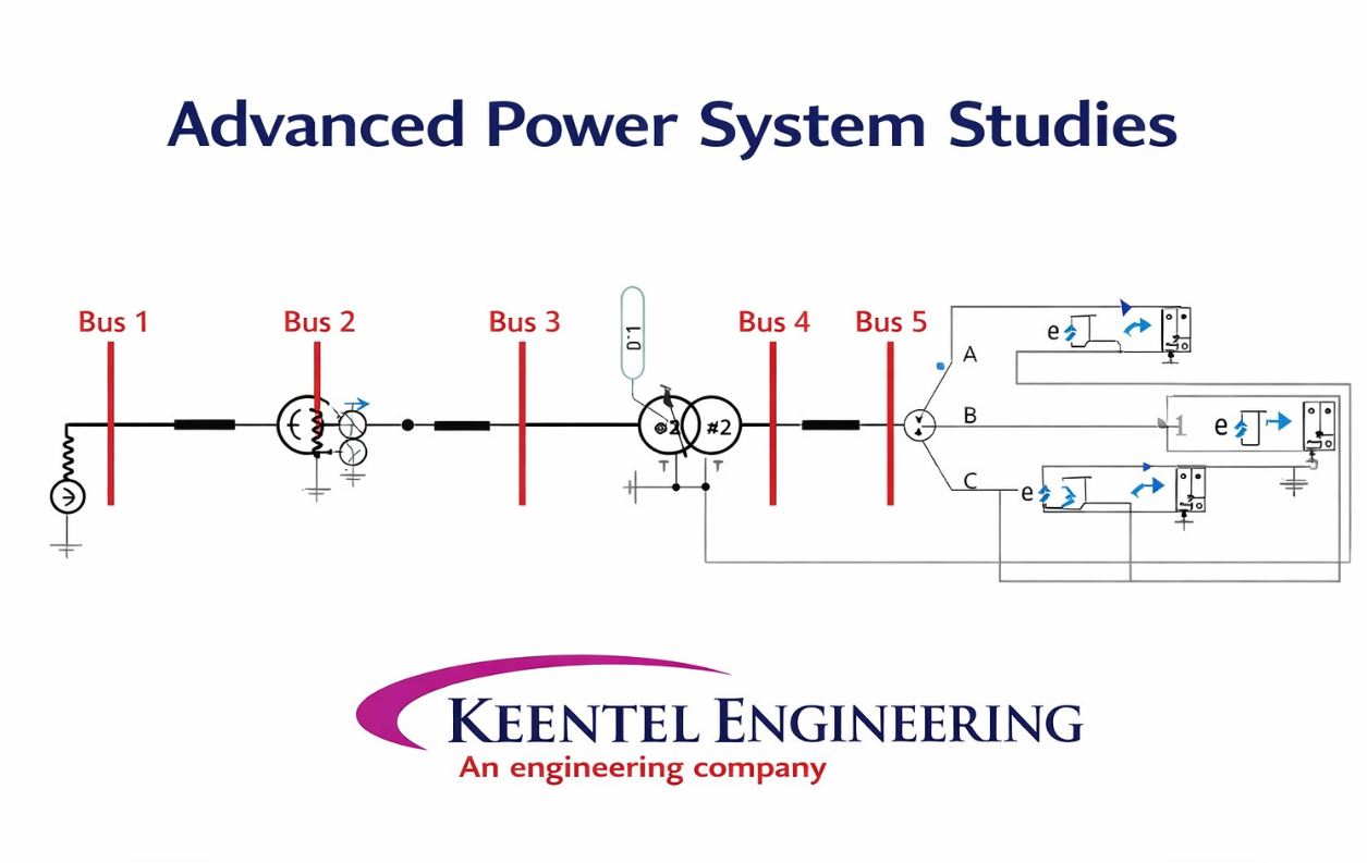 Advanced power system diagram with five buses, generator, transformer, and protection system