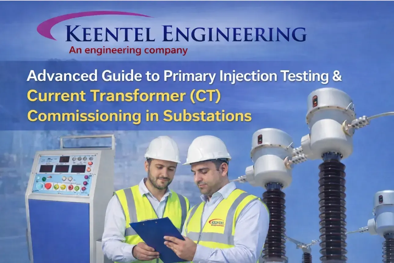 Primary injection testing setup with engineers inspecting current transformer commissioning in power