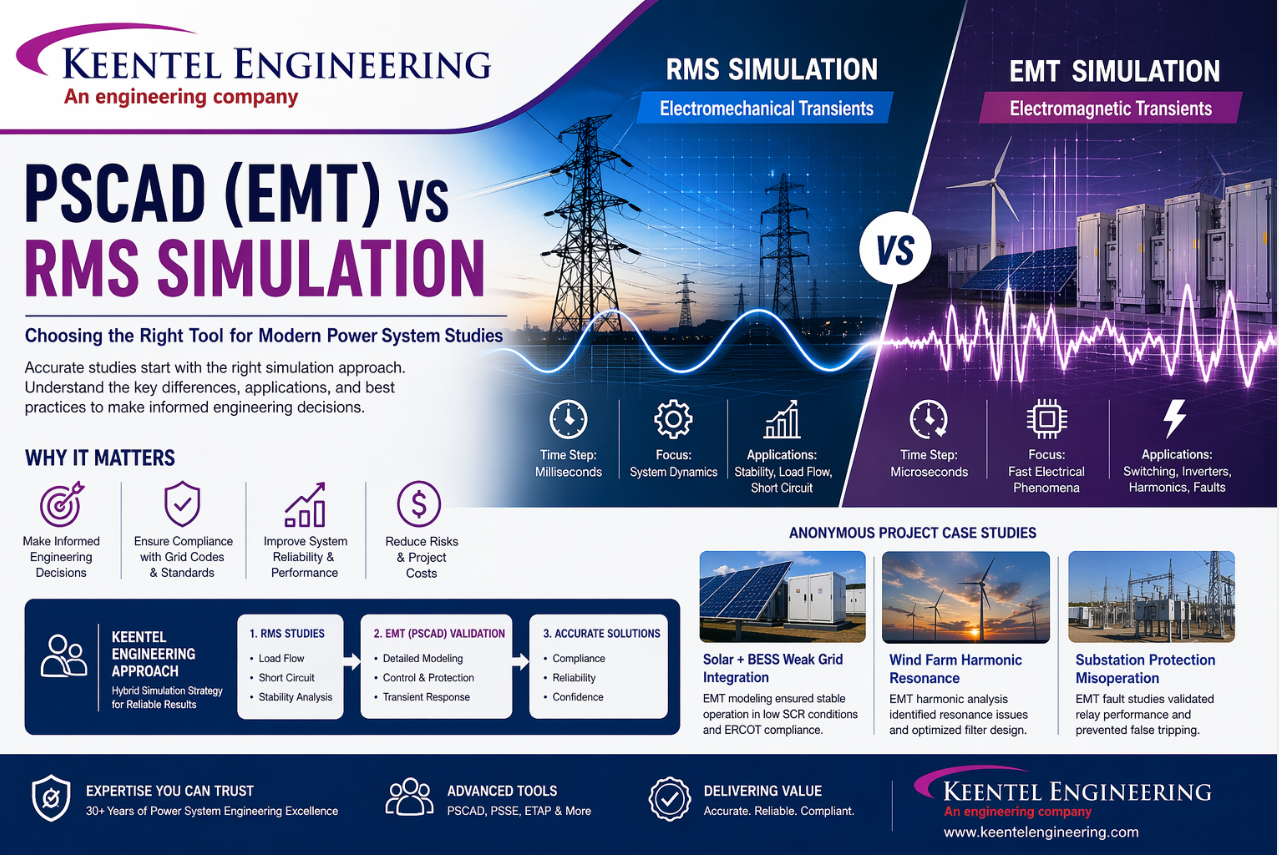 PSCAD EMT vs RMS simulation infographic for power system stability, load flow, short circuit,