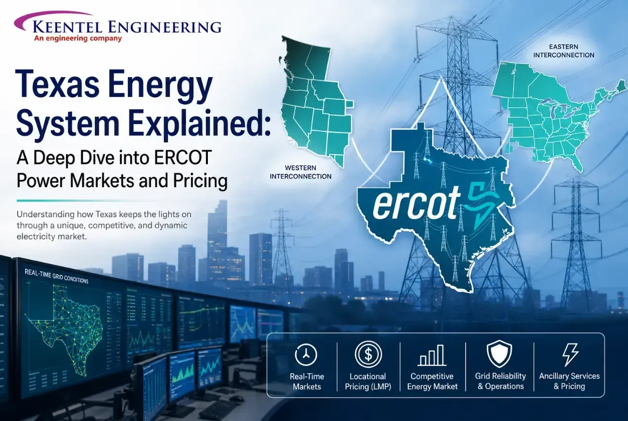 Texas Energy System Explained infographic showing ERCOT power market, Texas grid operations, 