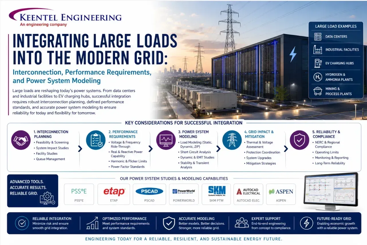 Large load interconnection diagram for AI data centers, grid modeling, EMT studies, and power