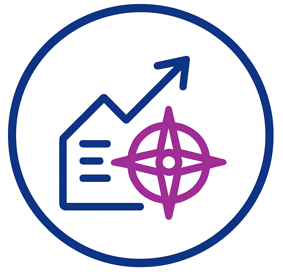Blue and purple graphic: financial growth chart with target icon inside a blue circle.