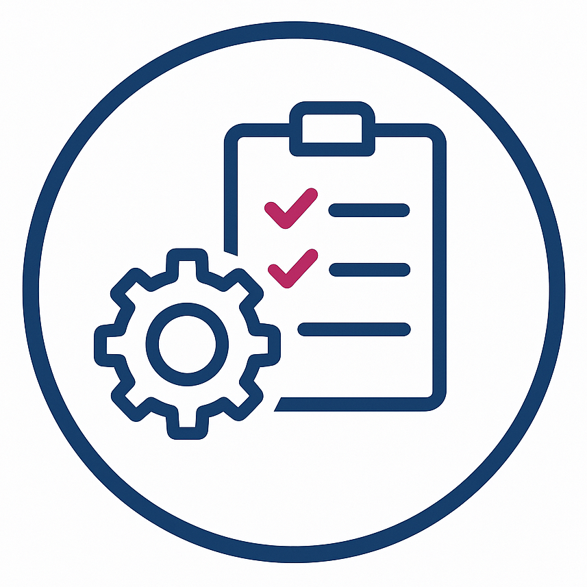 Blue gear and clipboard with checkmarks inside a blue circle.
