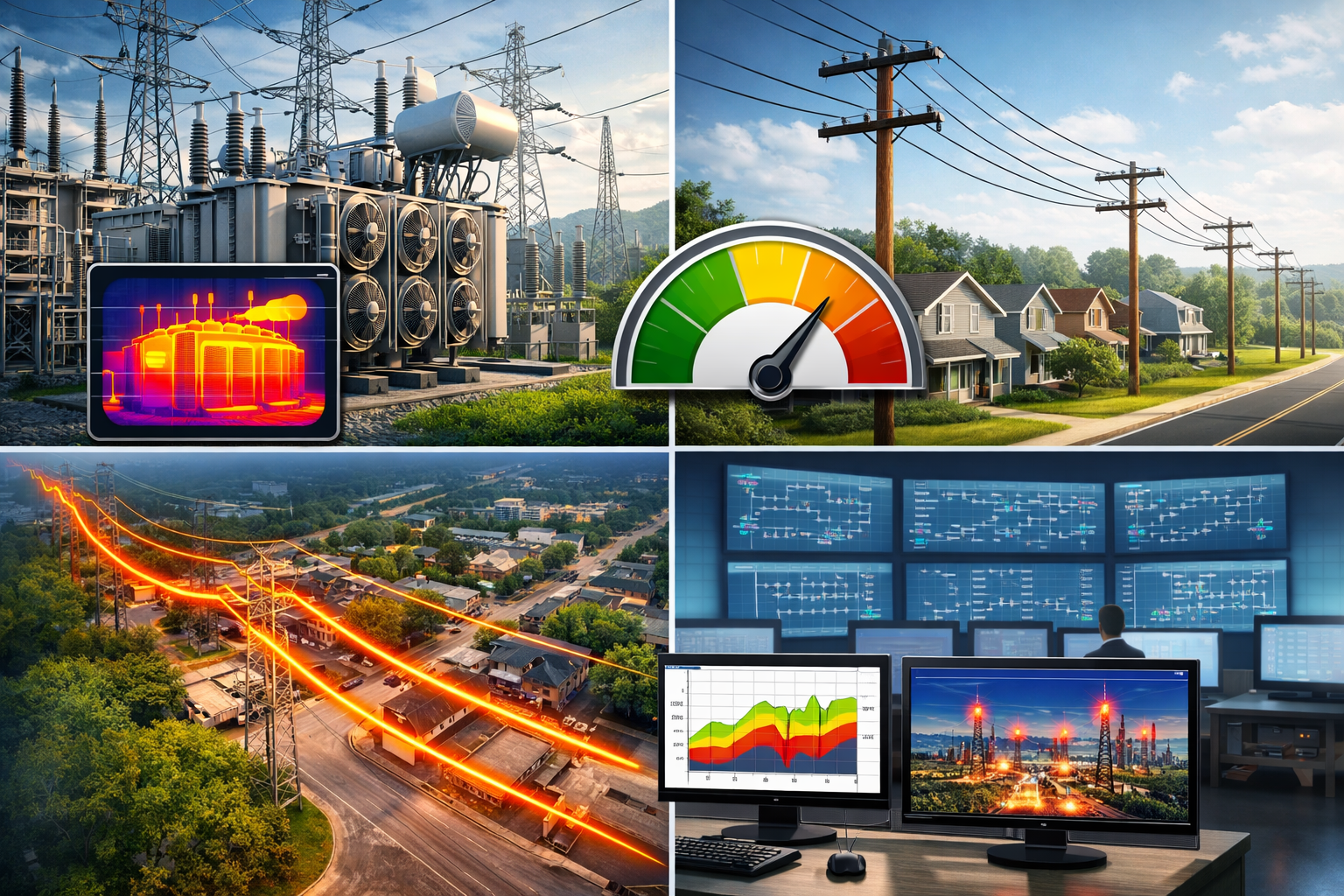 Two technicians in hard hats inspect electrical panel, one using a laptop in a control room.