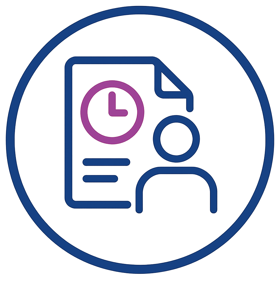 Person next to document with clock icon.