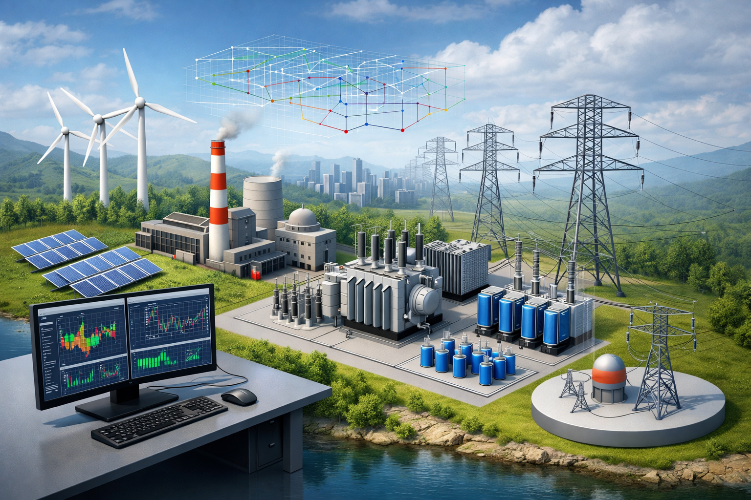 Two technicians in hard hats inspect electrical panel, one using a laptop in a control room.