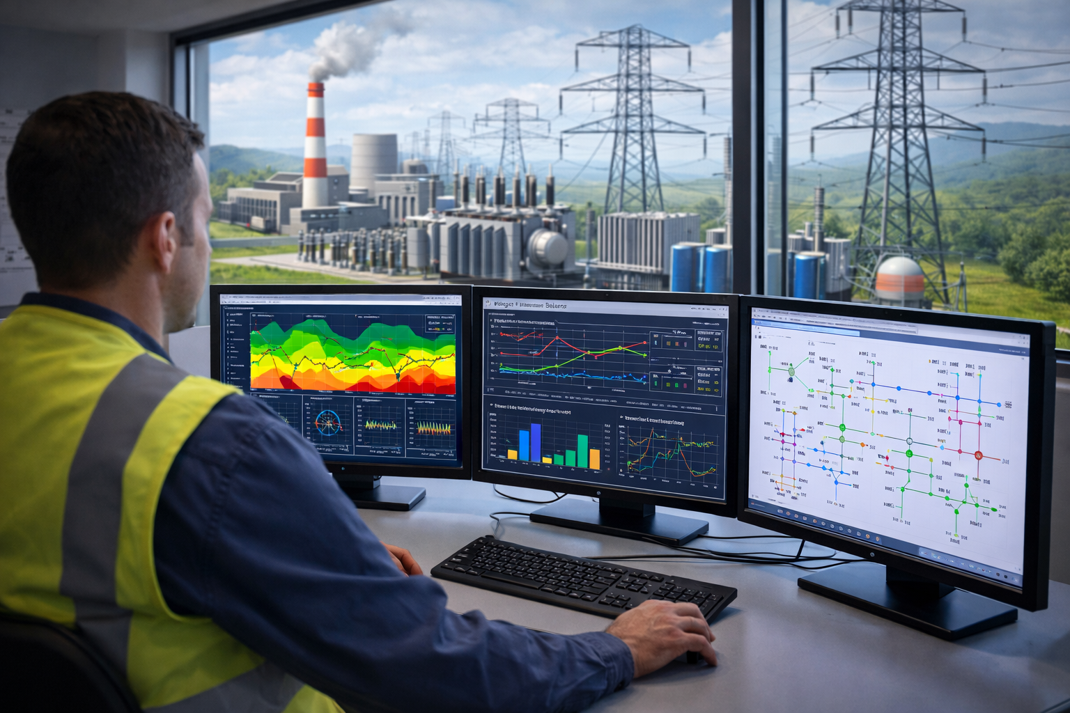 Two technicians in hard hats inspect electrical panel, one using a laptop in a control room.