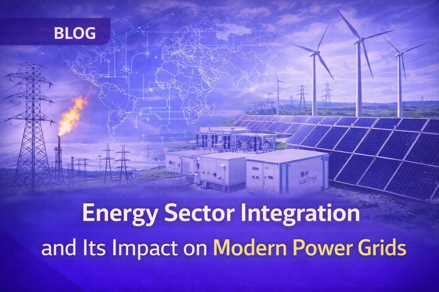 Solar panels in rows with a power plant featuring smokestacks emitting steam.