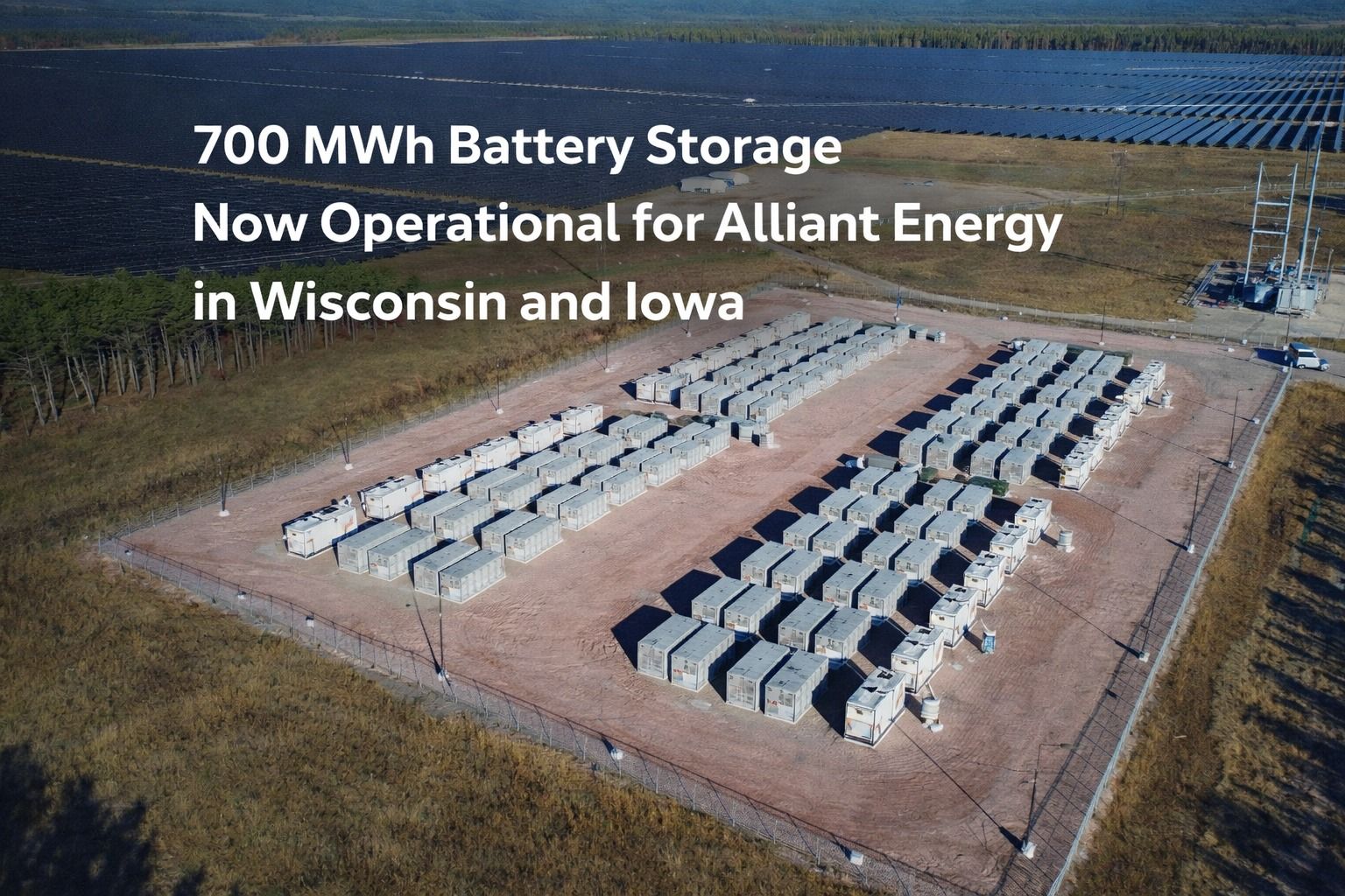 Aerial view of a large-scale 700 MWh battery energy storage facility with grid-connected solar panel