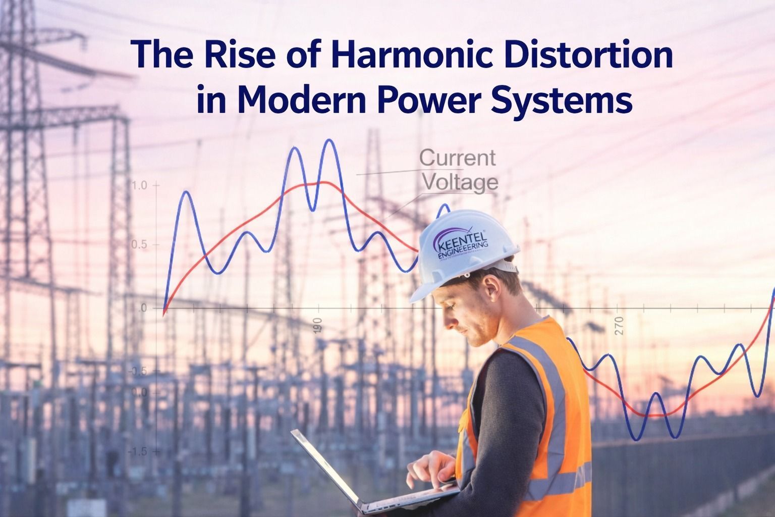 Engineer analyzing harmonic distortion in a power substation with current and voltage waveform graph