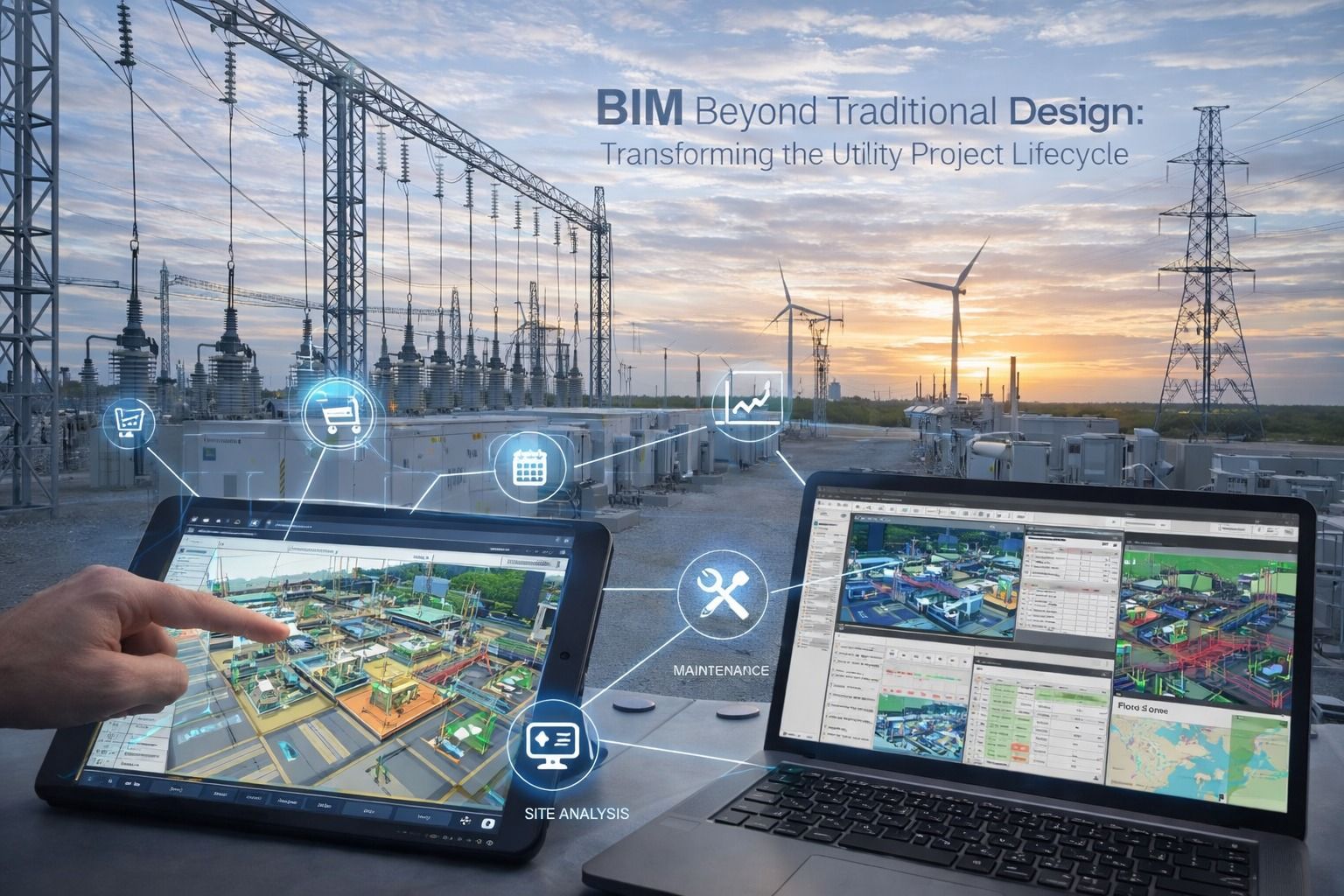 BIM-enabled utility substation design showing 3D digital model visualization on tablet and laptop wi