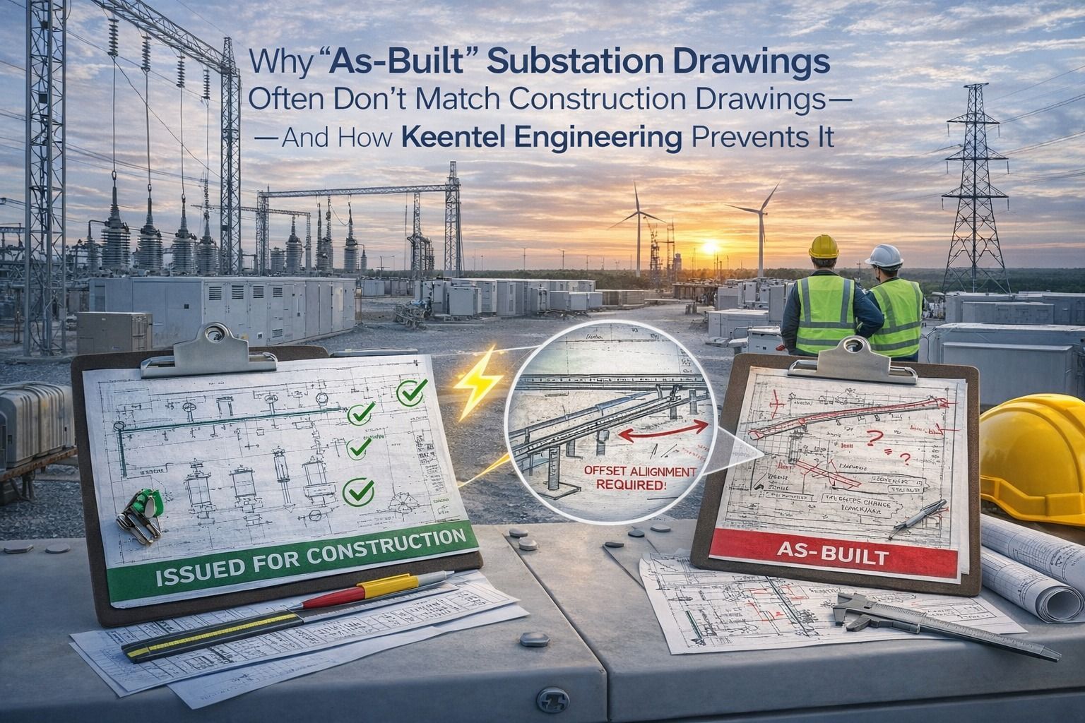 Comparison of issued-for-construction and as-built substation drawings at an electrical substation s