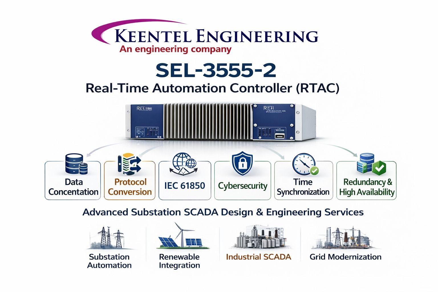SEL-3555-2 Real-Time Automation Controller (RTAC) by Keentel Engineering highlighting data concentra