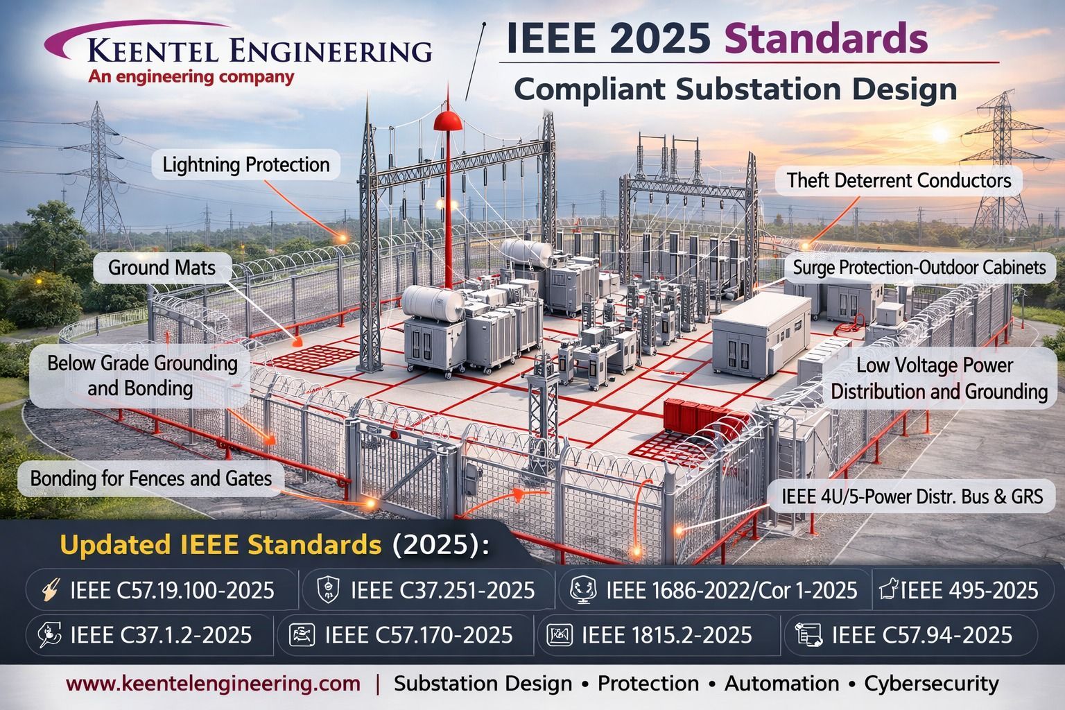 IEEE 2025 compliant substation design showing grounding grid, lightning protection