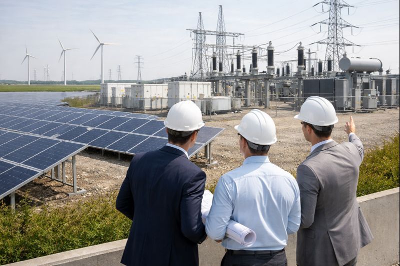 Two technicians in hard hats inspect electrical panel, one using a laptop in a control room.