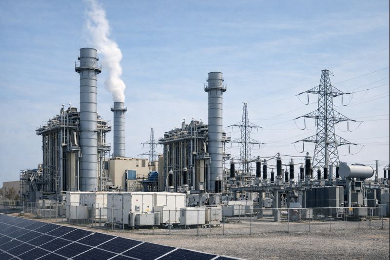 Two technicians in hard hats inspect electrical panel, one using a laptop in a control room.
