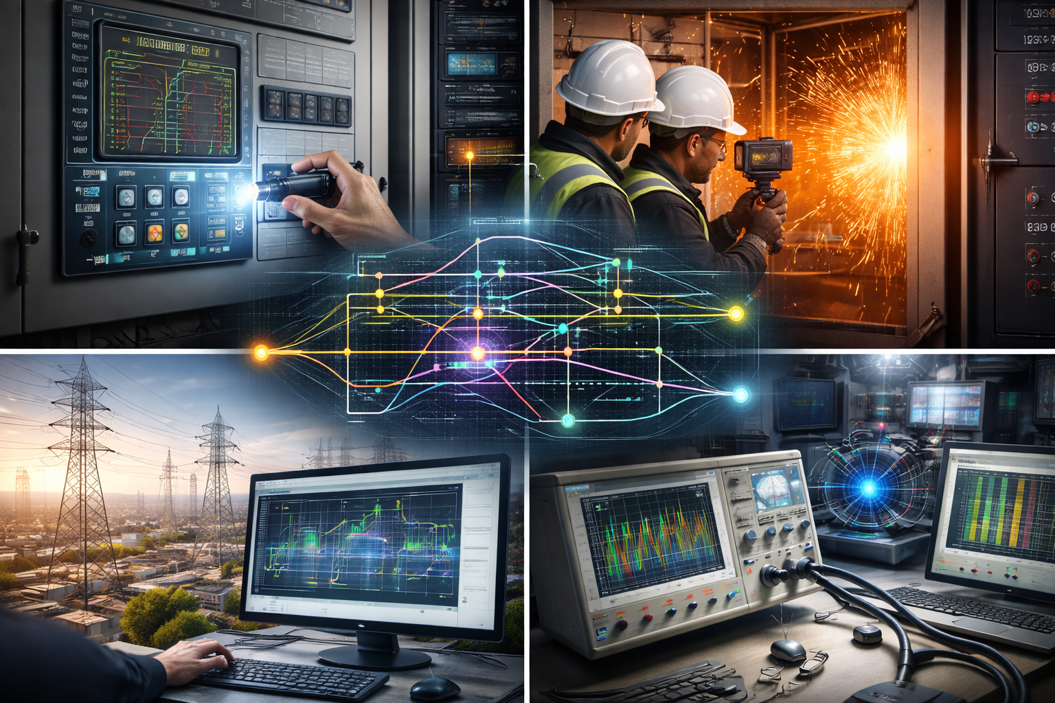 Two technicians in hard hats inspect electrical panel, one using a laptop in a control room.