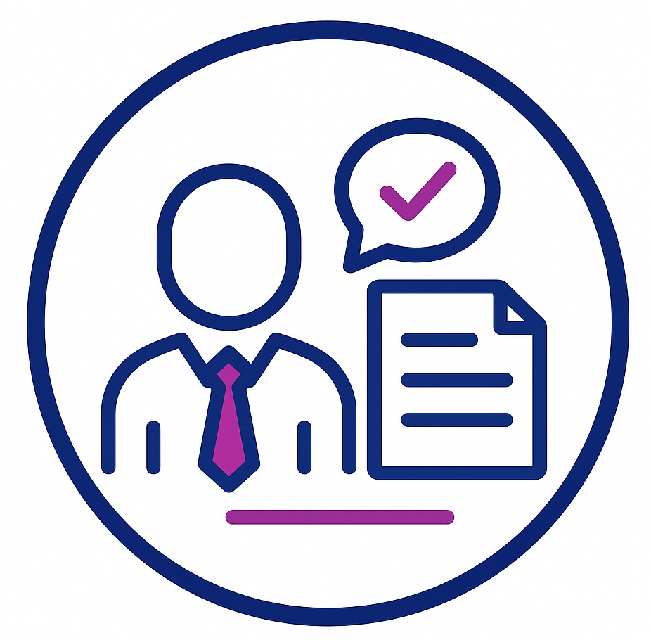 Person with tie, document, and checkmark in speech bubble, inside a circle.