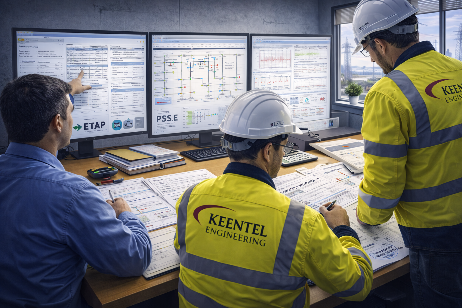 Two technicians in hard hats inspect electrical panel, one using a laptop in a control room.