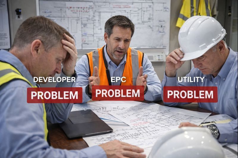 Two technicians in hard hats inspect electrical panel, one using a laptop in a control room.
