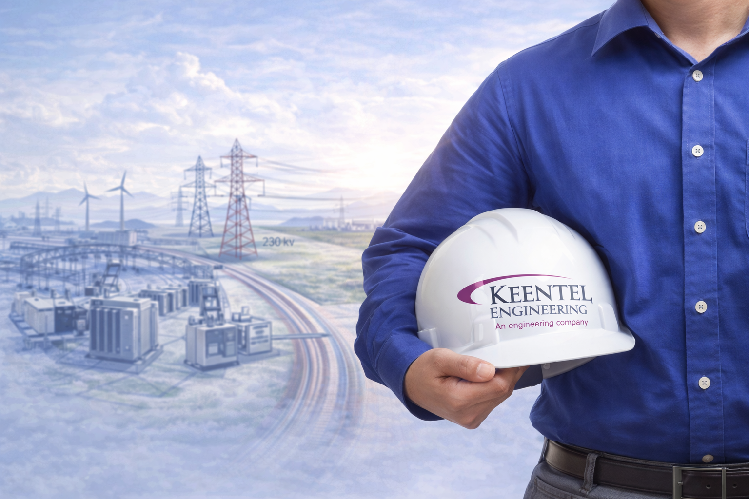 Two technicians in yellow hardhats working on electrical equipment, one using a laptop.