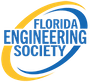 Logo for the Florida Engineering Society featuring blue text inside a yellow and blue swooping elliptical frame.