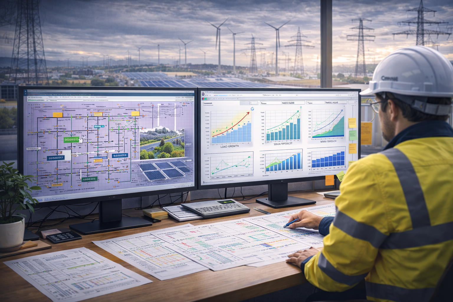 Two technicians in hard hats inspect electrical panel, one using a laptop in a control room.