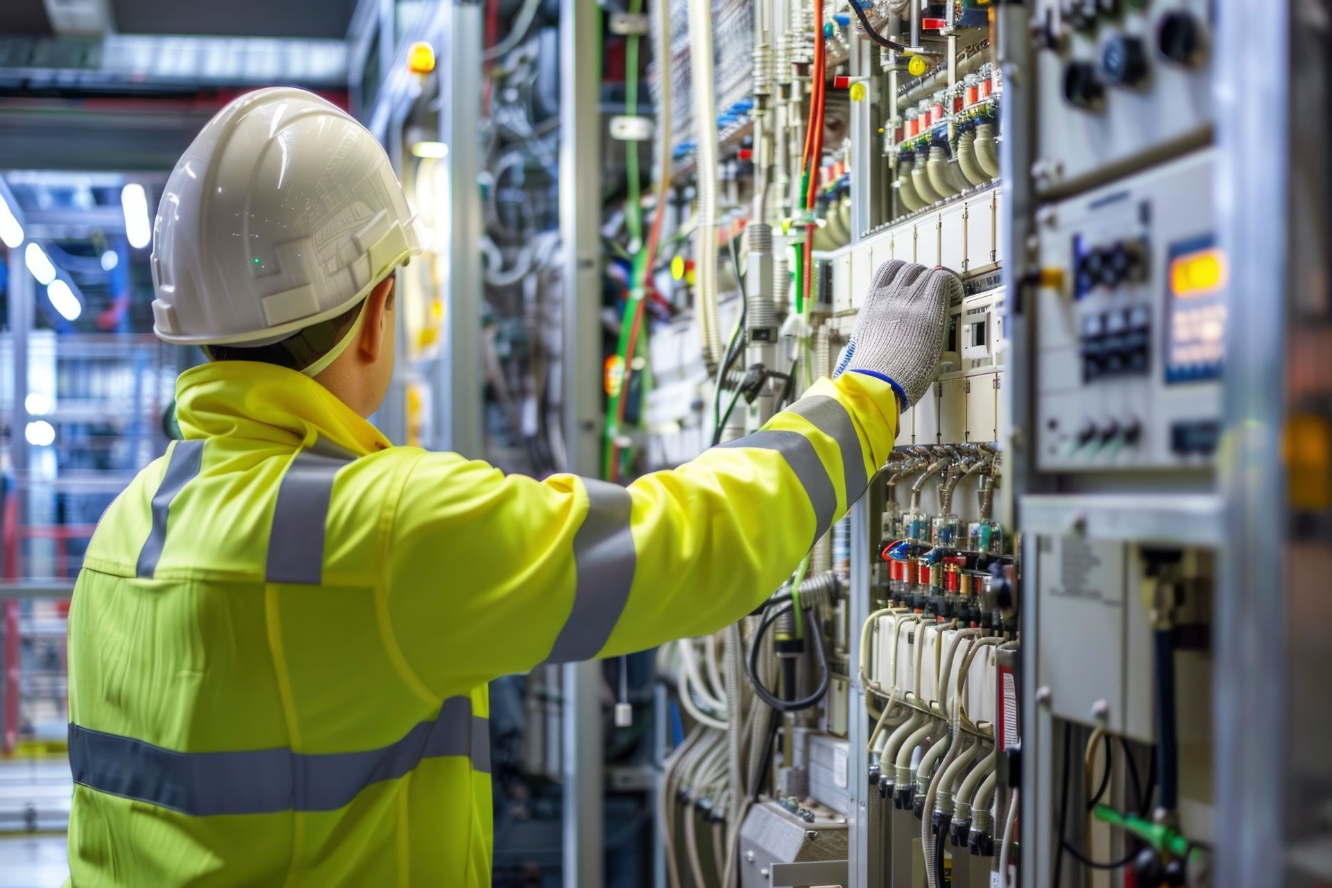 Two technicians in hard hats inspect electrical panel, one using a laptop in a control room.