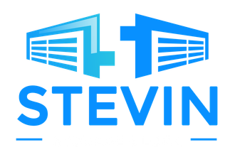 The logo for stevin is a blue building with a cross on it.