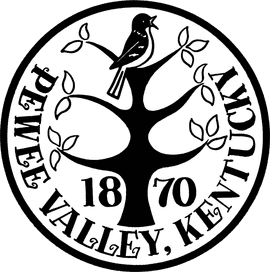 A black and white logo for pewee valley kentucky