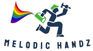 A running handyman with a rainbow trail, carrying a paint can and hammer, 