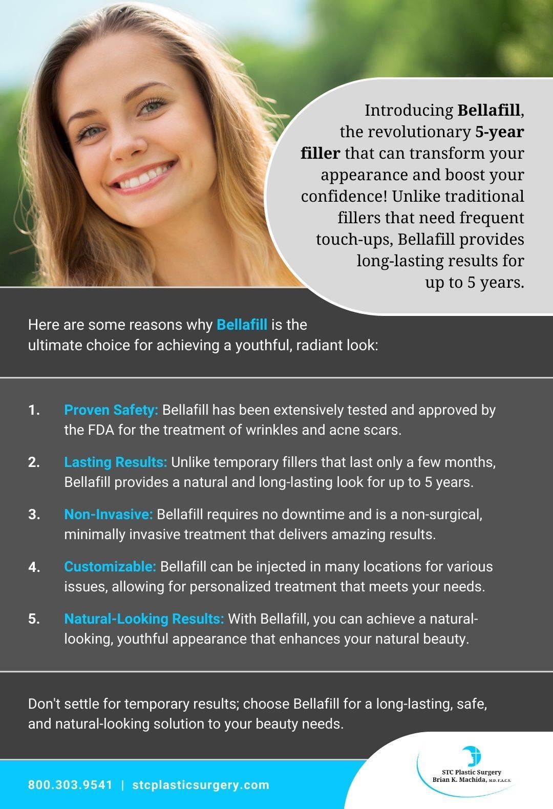 Advertisement for Bellafill filler, featuring a smiling woman, promoting long-lasting, natural results.