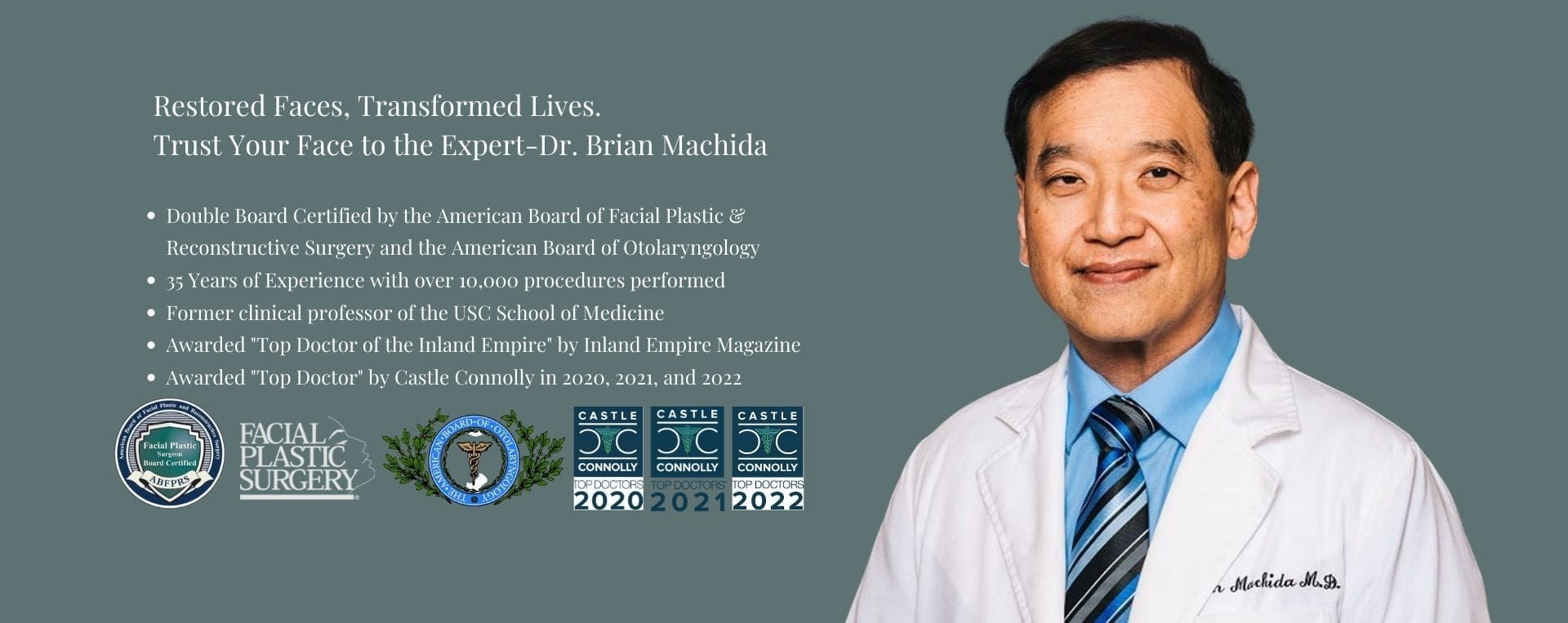 Asian doctor in a white coat and blue tie smiles. Text and logos are to the left on a gray background.