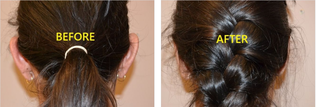 Side-by-side comparison: Hair in a ponytail (before) and braided (after).