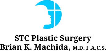 Logo for STC Plastic Surgery by Brian K. Machida, M.D. F.A.C.S. featuring a blue crescent shape with a side profile & cross.