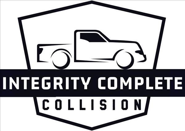 Black and white logo: Pickup truck outline above "Integrity Complete Collision" within a pentagon.