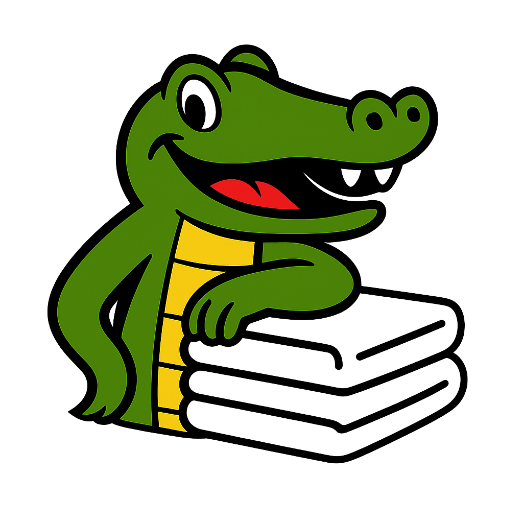 A cartoon alligator is holding a stack of towels.