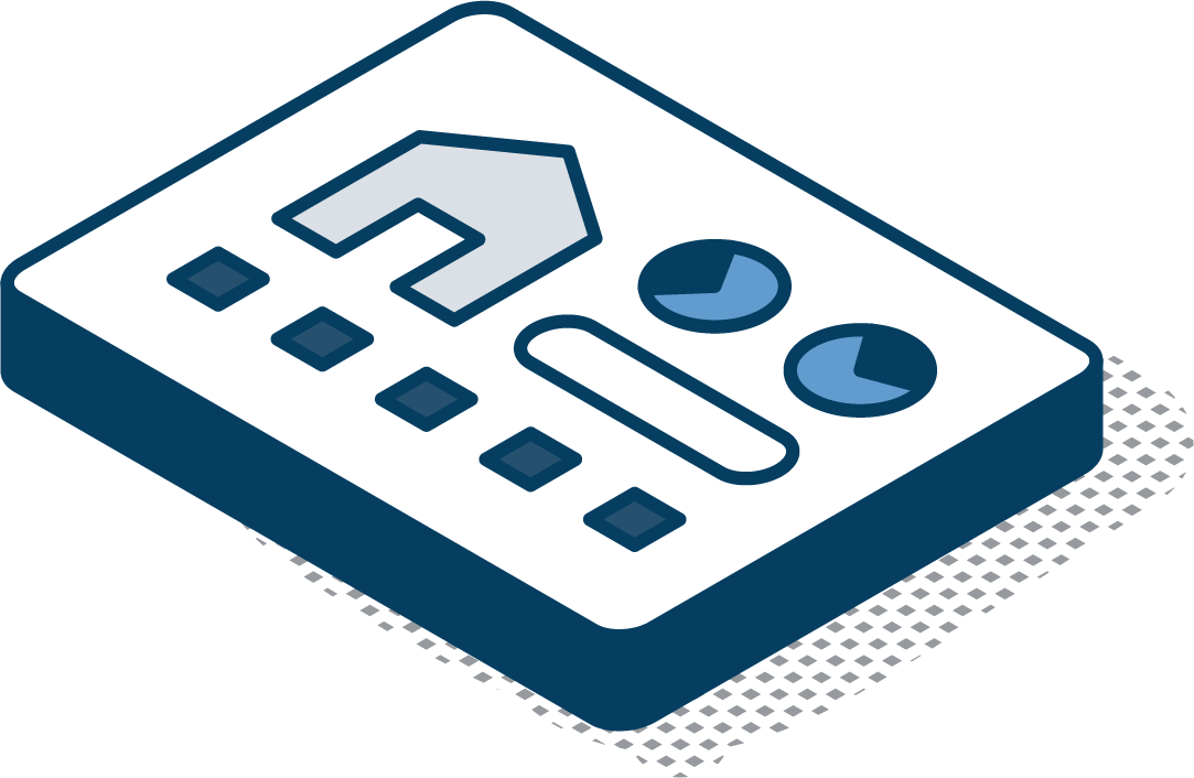 An isometric illustration of a remote control with a house and circles on it.