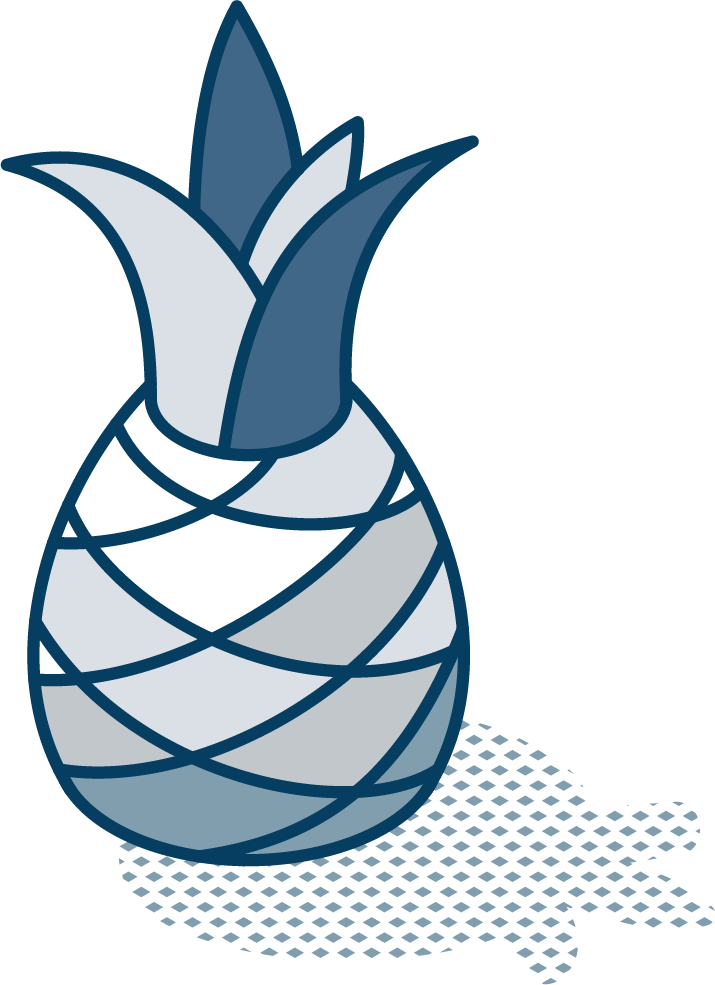 A blue and white drawing of a pineapple on a white background.