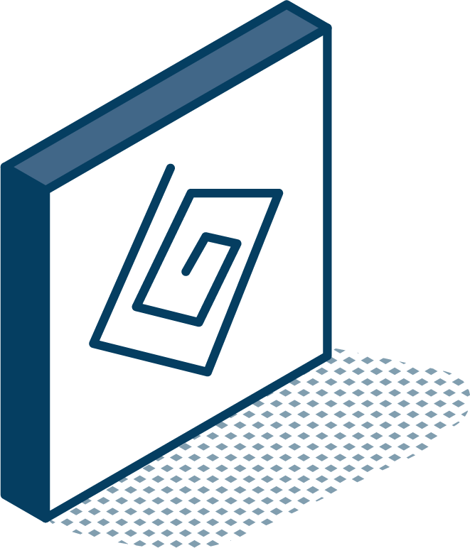 An isometric icon of a square with a swirl on it.