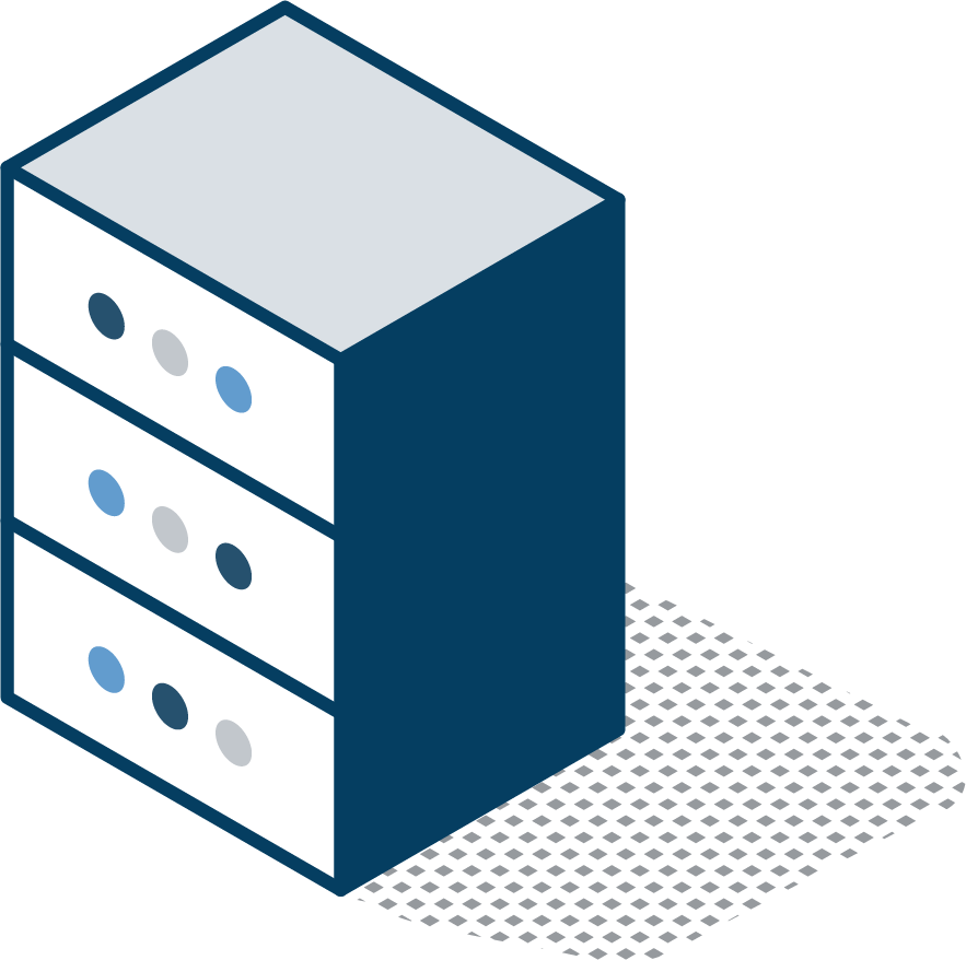 An isometric illustration of a server with three drawers.