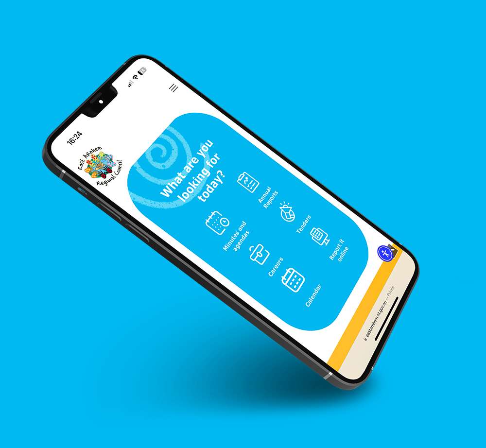 A cell phone is floating in the air on a blue background.